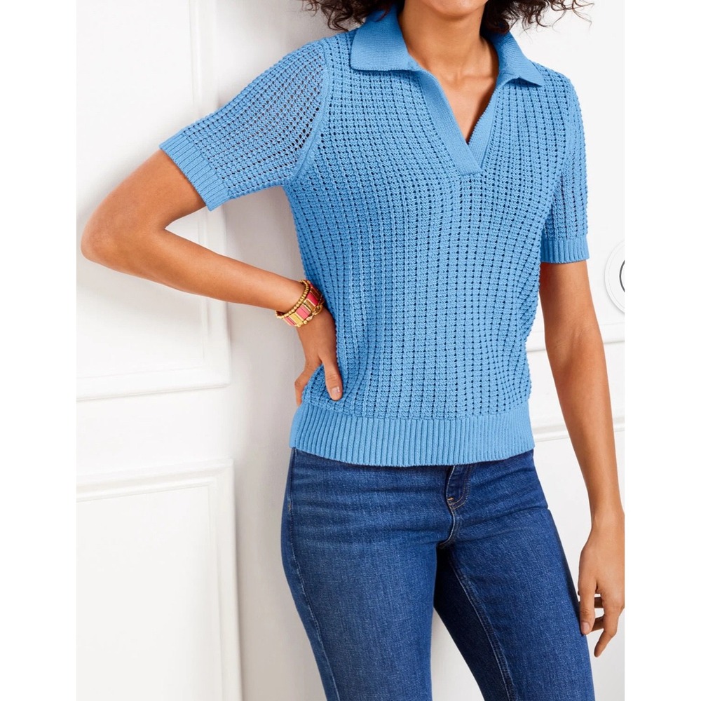 Talbots Pointelle Stitch Knit Polo Top Small Blue Crochet Preppy Short Sleeve